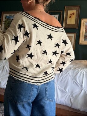 Cream Star Print Off-Shoulder Sweater